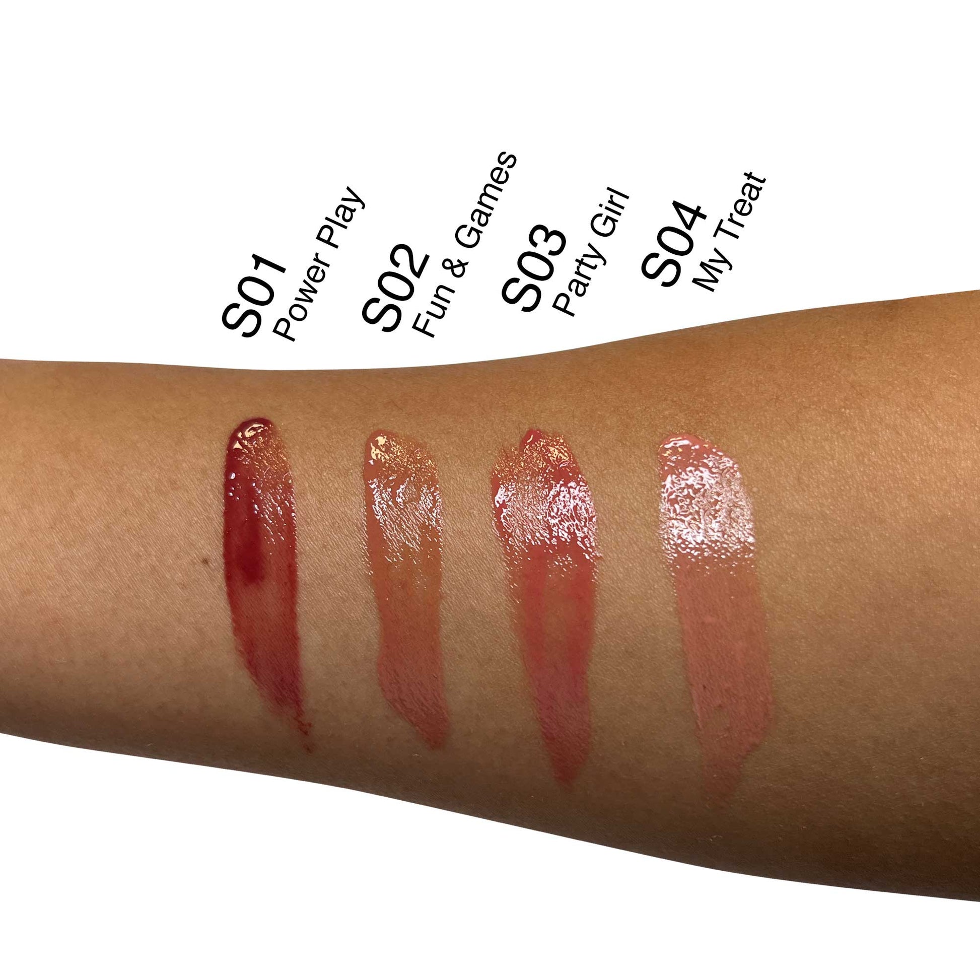 Swatches of Shaimura Power Play Glossy Nourishing Lip Oil shades: S01 Power Play, S02 Fun & Games, S03 Party Girl, S04 My Treat.